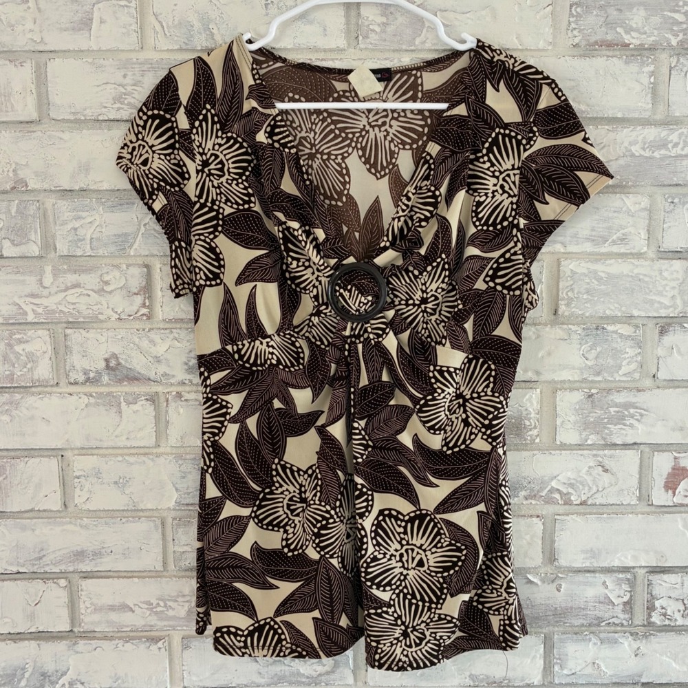 Cocomo XL Brown Cream Floral Ruched Buckle Waist Blouse Y2K Boho Retro Top